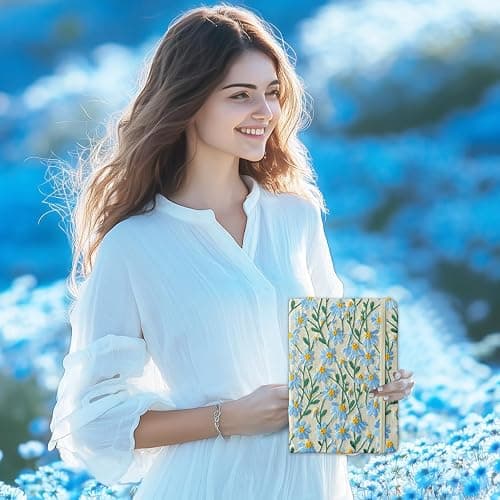 ipoul A5 Notebook, Flower Journal, Embroidered Notebook, 8"x6", Hardcover, Lay Flat, Lined, Wide Ruled Paper, Personalized Notebook, Pretty Journal, Daisy Gifts for Women, Blue, with Elastic Band thumbnail 7