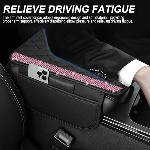 NBTEPEM Bling Car Center Console Cover, Leather Car Arm Rest Cover Cushion with 2 Storage Bags, Universal Automotive Armrest Protector Storage Box, Bling Accessories Interior for Most Vehicles (Pink) thumbnail 4