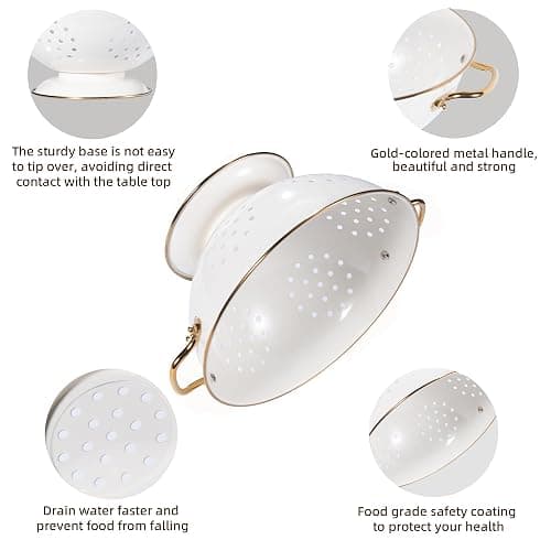 Metal Colander Set of 3, Strainer Basket with Handles perfect for Spaghetti, Pasta, Berry, Vegetable, Fruit, Solid Base Powder Coated Kitchen Essential Strainer Set, 1 & 3.5 & 5 Qt (Cream) thumbnail 5