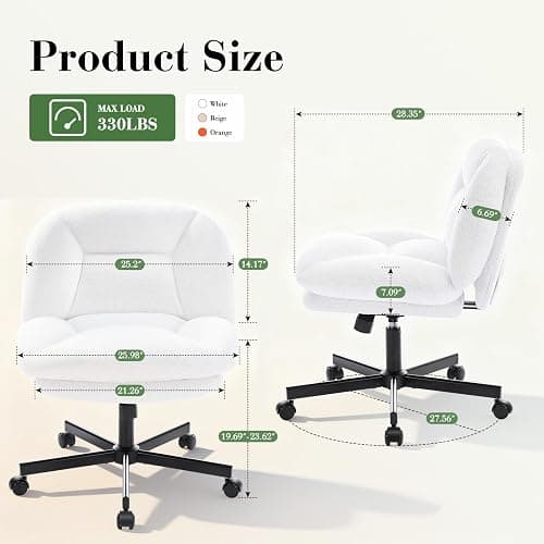 shipborne Cross Legged Office Chair, Thick Cushioned Criss Cross Chair with Wheels, Wide Seat Armless Office Chair, Height Adjustable Swivel Vanity Chair for Home and Office, White thumbnail 2