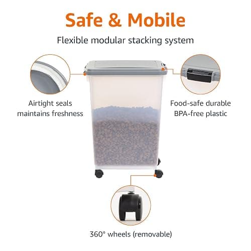 Amazon Basics Airtight Pet Food Storage Container with Scoop, BPA Free, Removable Wheels, 69 QT, Gray thumbnail 2