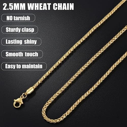 Fiusem 14K Gold Plated Wheat Chain Necklace for Men, 2/2.5/3/4/5mm Stainless Steel Necklace Chains for Men and Women 16-28 Inch thumbnail 4