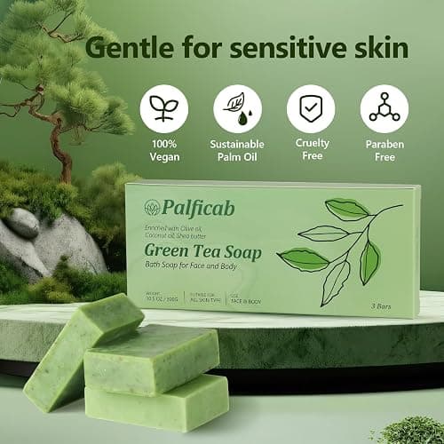 PALFICAB Green Tea Soap, Moisturizing Bath Soap Bars, Cruelty-Free, Gentle Exfoliating for Hydrating & Nourishing Skin with Green Tea Leaves, Coconut Oil, Shea Butter, Gifts for Women Men, 3 Bars thumbnail 6