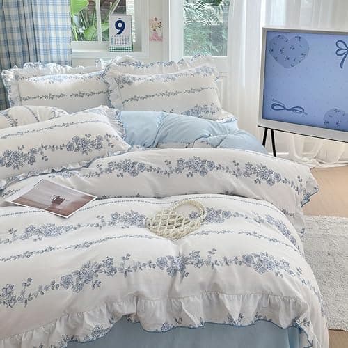 HOLY HOME Floral Print Ruffled Duvet Cover Set with Pillow Shams 3Pieces Elegant Princess Bedclothes (Bluerose, Twin) thumbnail 3