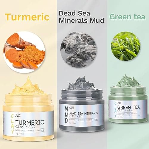 ANAI RUI 3Pcs Face Mask Set, Turmeric Clay Mask - Green Tea Face Mask - Dead Sea Minerals Mud Mask, Holiday Gift Set, Stocking Stuffers for Women &Teen Girls, Self Care Gifts for Women 2.5 oz each thumbnail 2