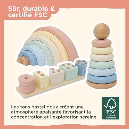 Nene Toys Jouet Montessori en Bois 3-en-1 pour Bébé 1 an – Arc-en-Ciel en Bois, Tour à Empiler & Jeu d’Encastrement – Jouet d’Éveil Enfant 1–3 Ans – Idée Cadeau Fille Garçon – Couleurs Pastel thumbnail 6