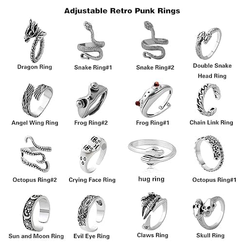 AIDSOTOU Mens Vintage Open Rings Set Frog Snake Skull Cool Punk Goth Ring for Men Women Adjustable (Silver-16 PCS) thumbnail 2