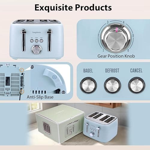 LONGDEEM 4-Slice Stainless Steel Toaster for Bagels, Bread, Waffles & Muffins, 1.5" Extra Wide Slot, High Lift Lever, Modern Blue, 6 Browning Settings, Family Friendly,Breakfast Kitchen Appliance thumbnail 8