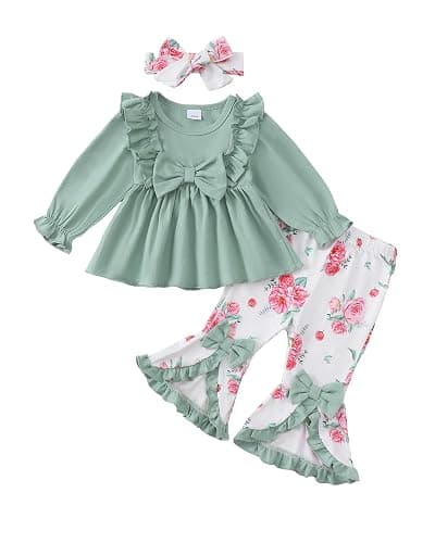 Toddler Baby Girl Clothes Fall/Winter Girls Outfits Ruffle Long Sleeve Tops Floral Flared Pants Girls' Clothing Sets - Image 1