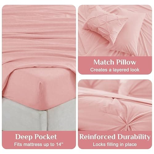 JOLLYVOGUE Queen Comforter Set 7 Pieces - Bed in a Bag Queen for All Season, Pintuck Bedding Comforter Sets with Comforter, Flat Sheet, Fitted Sheet and Pillowcases & Shams, Pink thumbnail 5