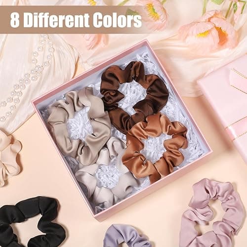 obeoby 8 Pack Satin Hair Scrunchies for Women, Silk Hair Ties, Neutral Hair Scrunchies for Women Girls, Gray - Brown series thumbnail 2
