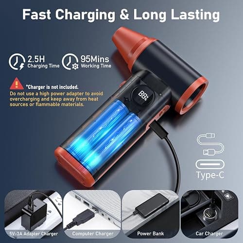Larkeey Compressed Air Duster Rechargeable Electric Air Duster for PC Keyboard Mini Dust Blower 130000RPM Cordless Air Blower Jet Dryer Turbo Fan Handheld Blower for Car Home Office, Black-Orange thumbnail 6