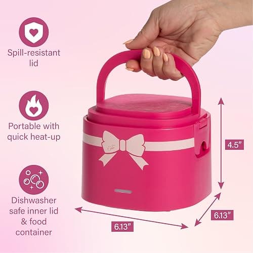 Paris Hilton Electric Lunch Warmer, 20-Ounce Stainless Steel Portable Food Container With Sealing Lid, Removable 2.5-Cup Inner Dish, Bow Front Decal, Hot Pink thumbnail 2