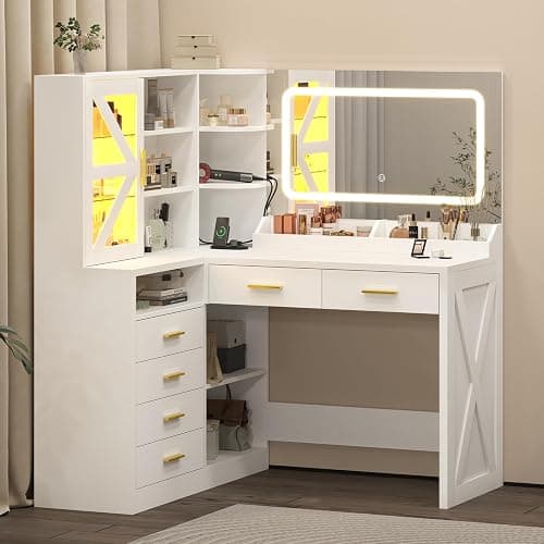 White L-Shaped Corner Vanity Desk with LED Lighted Mirror & Storage Shelves | Makeup Vanity with Charging Station & Sliding RGB Cabinet, Large Farmhouse Dressing Table with 6 Drawers for Women thumbnail 9