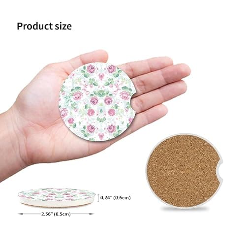 Car Coasters for Drinks Absorbent,2 Pack Cup Holders,2.56" Ceramic Stone & Non-Scratch Cork Base Coasters,Auto Accessories for Women & Men(Pink Flowers). thumbnail 2