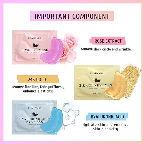 PEAUAMIE Under Eye Patches Gold and Hyaluronic Acid for puffy eyes,Rose Eye Masks for Dark Circles and Puffiness skin care Smooth Wrinkles products 30 Pairs thumbnail 3