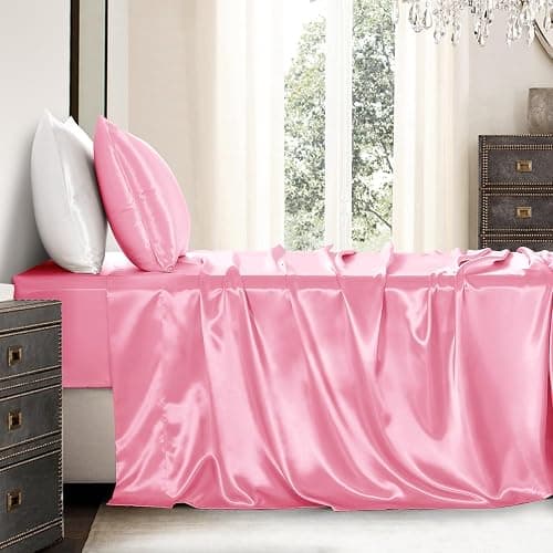 GOLAL Satin Sheets Twin Size - 3 Pieces Luxury Silky Soft Bed Sheets, Wrinkle-Free Light Pink Satin Silk Sheet Set with 1 Deep Pocket Fitted Sheet, 1 Flat Sheet, 1 Pillow Case thumbnail 8