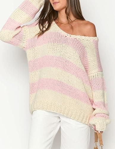 Women Striped Knit Sweaters 2025 Oversized Fall Winter Drop Shoulder Color Block Long Sleeve Loose Fit Pullover Tops thumbnail 7