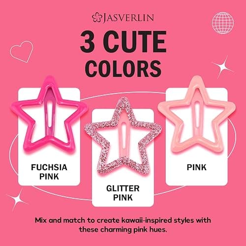 JASVERLIN 36 Pcs Star Snap Hair Clips, Y2k Colorful Cute Barrettes for Women Girls, Thick Fine Non-Slip Hairclips Accessories Glitter Kawaii Rave Assorted Size Style (Pink) thumbnail 6