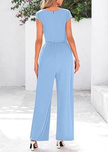 PRETTYGARDEN Summer Jumpsuits 2025 Ribbed Cap Sleeve Wide Leg Pants Women's Rompers Elegant Casual Trendy Vacation Outfits  - Light Blue - Small thumbnail 2