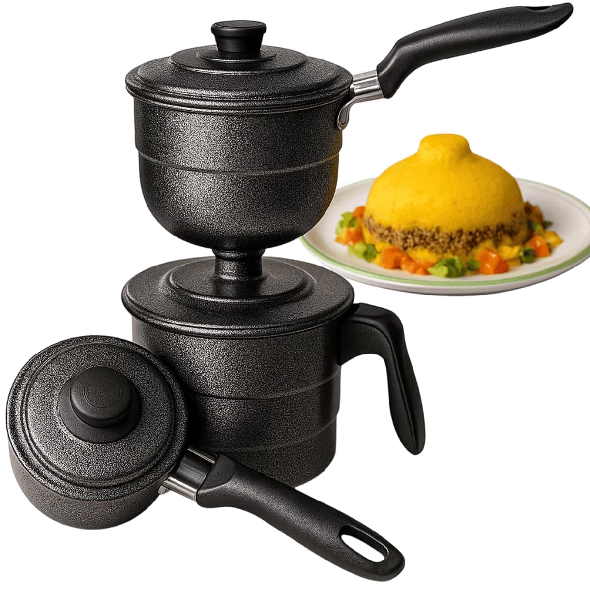Cuscuzeira 2 em 1 Peitinho/Tetinha Alumínio Craquelado Preto – Cuscuz Nordestino Individual e Duas Porções – Panela a Vapor Tradicional Prática para Cuscuz Caseiro - Image 1