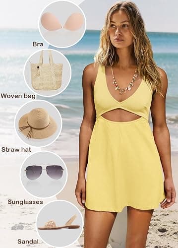 ReachMe Womens Cut Out Dresses Short Sleeveles Mini Dress Summer V Neck A Line Dresses Beach Vacation Dress thumbnail 4