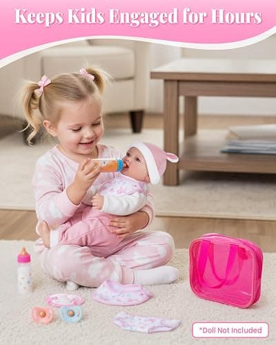 BABESIDE Baby Doll Accessories, 10 Pcs Disappearing Doll Feeding Set for Toy Stroller, Baby Care Pretend Play Kit with Magic Bottles, Pacifiers, Bib, Diaper & Carry Bag for 12–15 Inch Dolls thumbnail 6