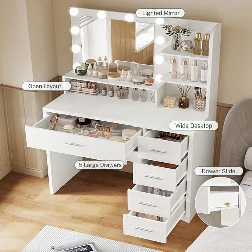FIONESO Vanity Desk with Mirror and Lights, Makeup Vanity with 5 Drawers and 3 Storage Shelves, 3 Color Modes & Adjustable Brightness Dressing Table, Vanity for Girls, White thumbnail 4