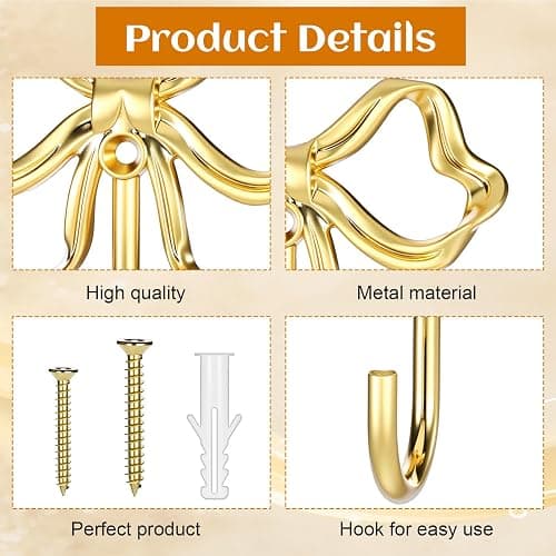 HJZHII 6 Pcs Gold Bow Wall Hook, Large Bow Knot Coat Hooks Metal Bowknot Wall Door Hanger Decorative Holder for Bags Bath Towels Coats Hats Coffee Mugs Room Decorations thumbnail 6