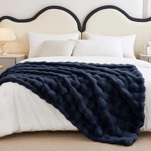 Faux Rabbit Fur Throw Blanket for Couch, Fluffy Warm Plush Thick Bubble Blanket for Bed Sofa Living Room, Soft Cozy Furry Blanket, 50x60 inches, Navy Blue thumbnail 6