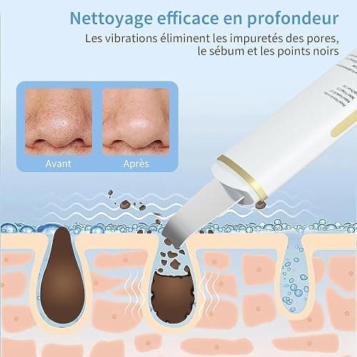 GUGUG Épurateur Ultrasonique Visage,Spatule et Nettoyeur de Pores,4 Modes | Aide à éliminer les points noirs et l'excès de sébum;spatule en acier inoxydable,exfoliation douce et 2 embouts silicone. thumbnail 3