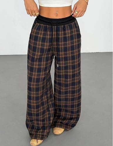 Wyeysyt Women Plaid Pants Gingham Pajama Pants Baggy Sweatpants | Wide Leg Pants, Elastic Drawstring Sweatpants, Fall Winter Casual Pants thumbnail 2