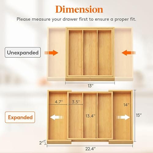 Lifewit Utensil Organizer for Kitchen Drawer, Expandable Cooking Utensil Tray, Bamboo Cutlery Silverware Flatware Holder, Adjustable Spatula Tools and Gadgets Storage Divider, Large, Natural thumbnail 3