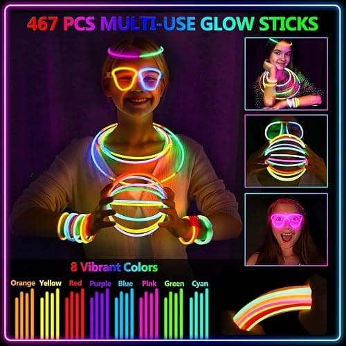 BUDI 467Pcs Glow Sticks Christmas Party Favors New Year Eve Party Supplies for Kids Adult Glow in the Dark 4th of July Accessories Neon Decors Glowsticks Bulk 8 Colors 8" with Connectors for Parties thumbnail 3