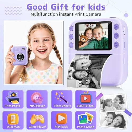 Instant Print Camera for Kids, Christmas Birthday Gifts for Girls Boys, 1080P Instant Digital Print Cameras for Toddler,Portable Toy for 4 5 6 7 8 9 10 Year Old Girl with 32GB SD Card，Purple thumbnail 2