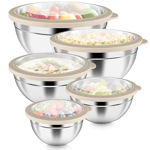 P&P CHEF Metal Mixing Bowls with Lids Set, Visible Airtight Lids & Khaki | 5 PCS Stainless Steel Mixing Nesting Bowls for Kitchen Prepping, Storing, Healthy & Easy Clean, Size 4.6, 3, 1.5, 1, 0.7 QT - Image 1