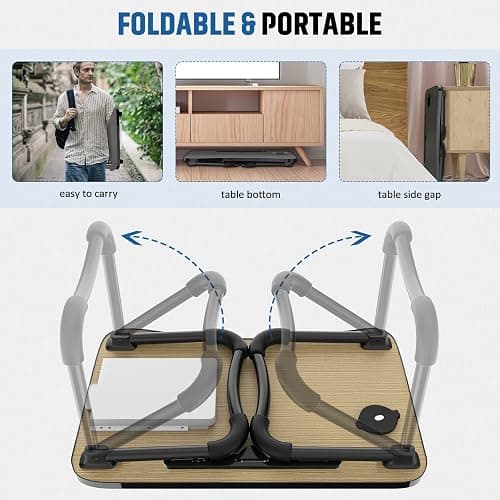 Zapuno Foldable Laptop Bed Table Multi-Function Lap Bed Tray Table with Storage Drawer and Water Bottle Holder, Serving Tray Dining Table with Slot for Eating, Working on Bed/Couch/Sofa (Arc Shape) - Beige1 thumbnail 5