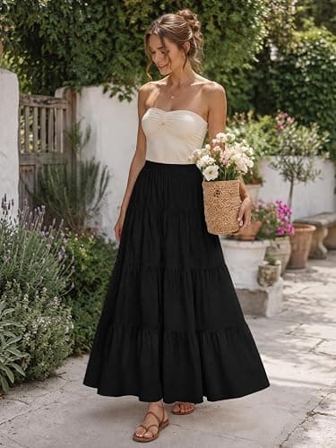 ATOFY Women's White Maxi Skirt Summer Boho Long Flowy Pleated Tiered High Waist A-Line Flared Skirts thumbnail 3