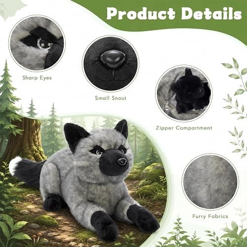 BENINY 4 Pcs Fox Stuffed Animal Set, 22 Inch Mommy Silver Fox with 3 Babies | Mommy gray fox plush set, 3 hidden baby foxes, Zippered tummy design, Soft cuddle companion, Christmas gift for kids thumbnail 5