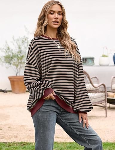 UEU Women Oversized Striped Crewneck Sweatshirt Long Sleeve Color Block Pullover Tops Casual Loose Workout Shirt thumbnail 3