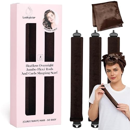 Heatless Curls Overnight Rods Jumbo Set, Heatless Hair Curler Velvet Satin Jumbo Flexi Rods to Sleep in, No Heat Overnight Sleeping Blowout Curls Wave Styling Tools with Silk Scarf 4pcs Brown - Image 1
