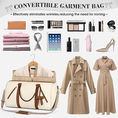 RAINSMORE Garment Bags for Travel Women Leather Convertible Garment Duffle Bag With Shoe Pouch,Large Carry On Garment Bag Dress Suit Business Travel Bags Beige thumbnail 2