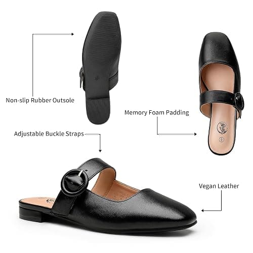 Trary Mules for Woman Mary Jane Flat Shoes Slip on Comfortable Backless Loafers Flats Square Toe Office Casual Vintage thumbnail 5
