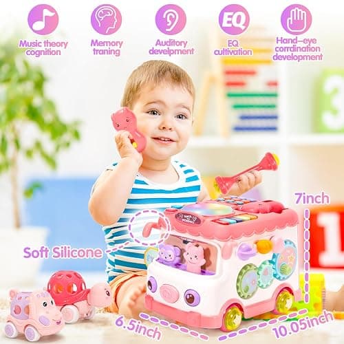 AmiDear Baby Gift for 1-2 Year Old Girl, 10-in-1 Montessori Toys Bus for Baby 6-12-18 Months+, Educational Musical Sensory Learning Toddler Toys Age 1-2, First Christmas and Birthday Gifts Pink thumbnail 7