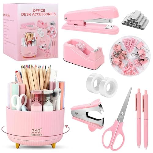 SKYDUE Pink Office Supplies Set, Pencil Holder for Desk,Gel Pen, Stapler, Tape Dispenser, Scissors,Clips and 1000pcs Staples, Office Decor for Women, Pink Desk Accessories - Image 1