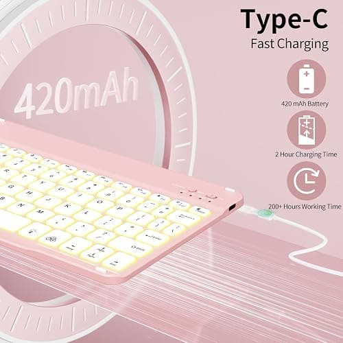 GKABXY Case with Keyboard for iPad A16 11th / 10th Generation - 7 Colors Backlit Wireless Detachable Folio Keyboard Cover with Pencil Holder for iPad 11-inch 2025 10th Gen 10.9 Inch 2022, Light Pink thumbnail 6