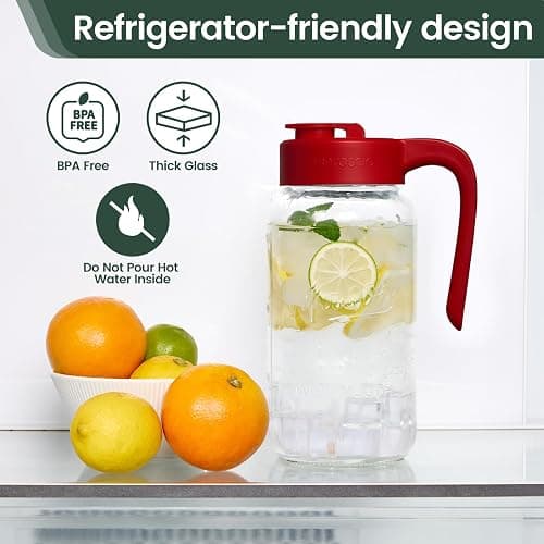 Spreccio Mason Jar Pitcher, 64 oz (2 quart), Glass Pitcher with Lid | Airtight, Leak proof, Ergonomic Handle, Pour Spout Lid, Fridge Safe, for Sun Tea, Iced Tea, Cold Brew, Lemonade, Outside thumbnail 5