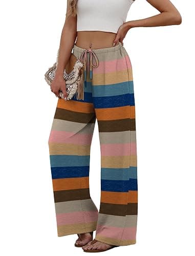 Sampeel Wide Leg Pants for Women Flowy Palazzo Drawstring Elastic Waist Trousers with Pockets Summer Beach Vacation Clothes thumbnail 4