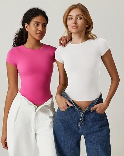QINSEN Women's Crew Neck Short Sleeve Tees Double Lined Slim Fit T Shirt Basic Y2K Tops thumbnail 6