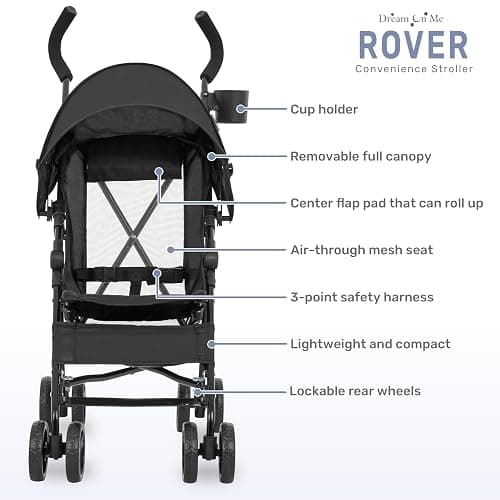 Dream On Me Rover Convenience Baby Stroller – Lightweight & Compact Travel Umbrella Stroller, Quick One-Hand Fold, Lockable Rear Wheels, Adjustable Canopy, 3-Point Safety Harness & Cup Holder - Black thumbnail 4